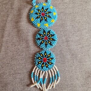 VTG Native American Triple Medallion Seed Bead Necklace Turquoise Southwest Boho